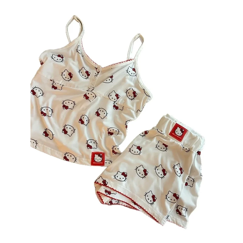Summer Y2K Hello Kitty Pajamas Sanrio Anime Cute Girl Suspender Shorts Printing Set Leisure Household Clothes Student Nightwear view 2