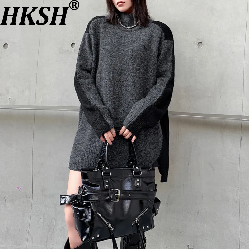 

HKSH Autumn Winter New Women Sweater Turtleneck Puoover Color Block Long Sleeves Korean Casual Versatile Ins Knitted Top HK17320