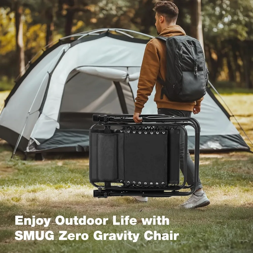 Set di poltrone lounge pieghevoli portatili a gravità zero per esterni, confezione da 2 sedie da campeggio reclinabili con cuscino regolabile e portabicchieri