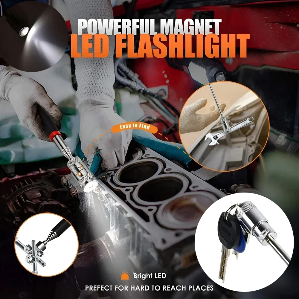 Magnetischer Aufheber mit LED-Licht & Schwenkkopf, Teleskopischer Ausziehbarer Magnetstift für Schrauben, Muttern, Bolzen, Auto-Reparatur-Handwerkzeug