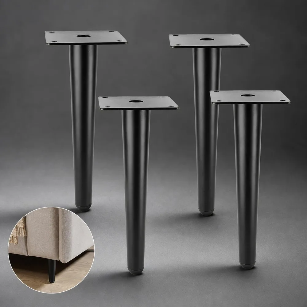 Set of 4 Mid-Century Modern Straight Tapered Metal Furniture Legs, Matte Black Cabinet Sofa Couch Table Feet, Heavy