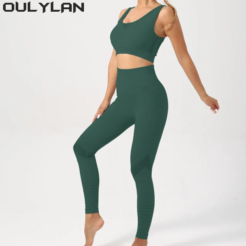 Oulylan Fitness Tops 2PCS Nylon Tracksuits Women Sexy Yoga Set Sports Suit Gym Bra Leggings Women Lounge Wear Crop