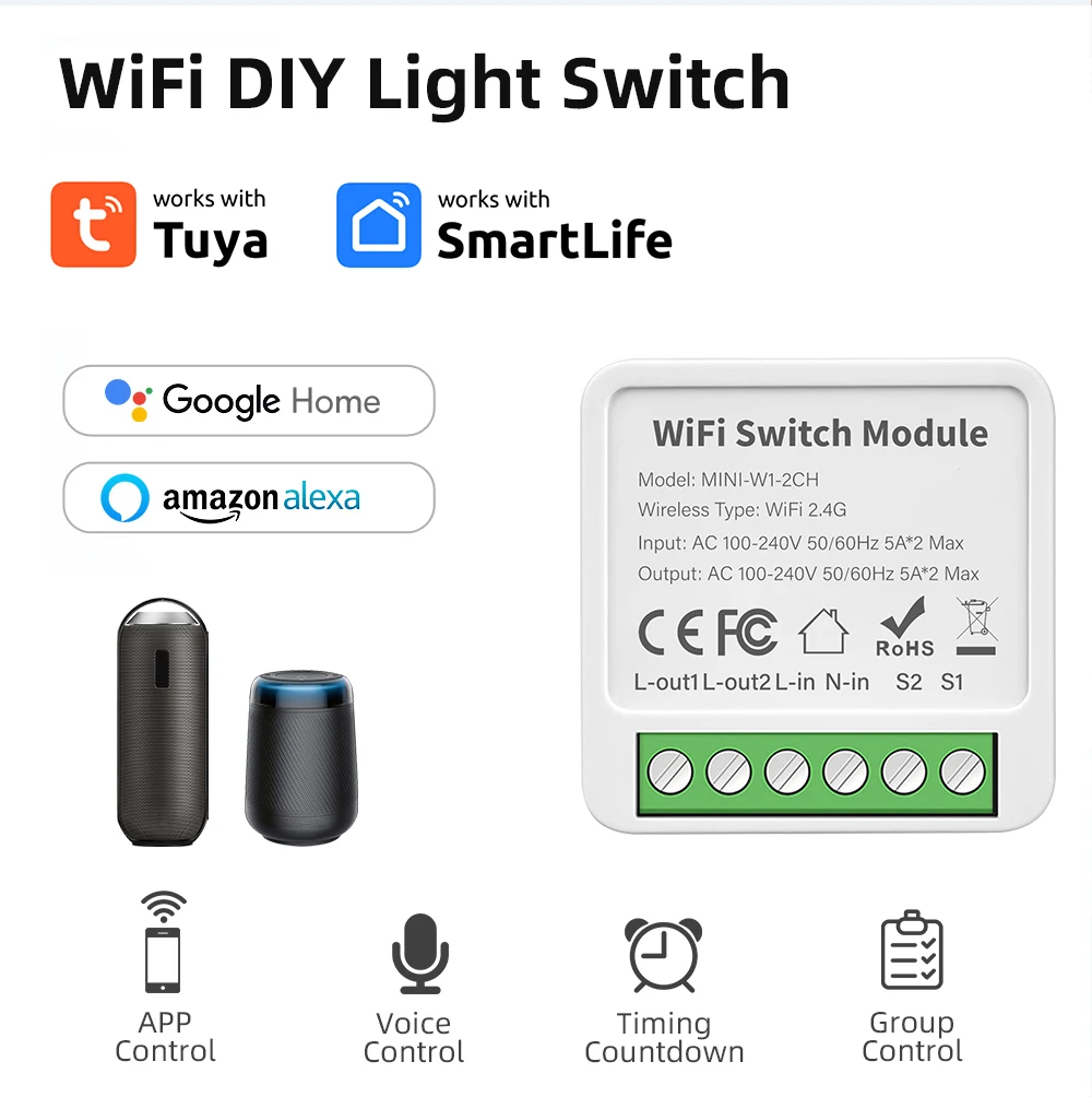 Tuya Mini 16A WiFi Interruptor Smart Life App Control de vía Módulo de automatización del hogar inteligente Interruptor funciona para Alexa Google Home