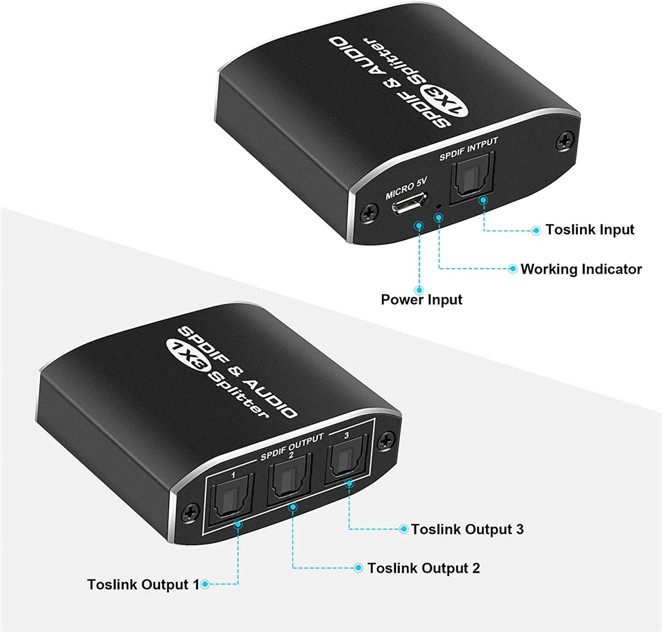 Cyfrowy SPDIF optyczny rozdzielacz Audio stop aluminium Toslink przejściówka rozgałęziająca 1x3 optyczny Splitter 1 w 3 Out wsparcie DTS AC3