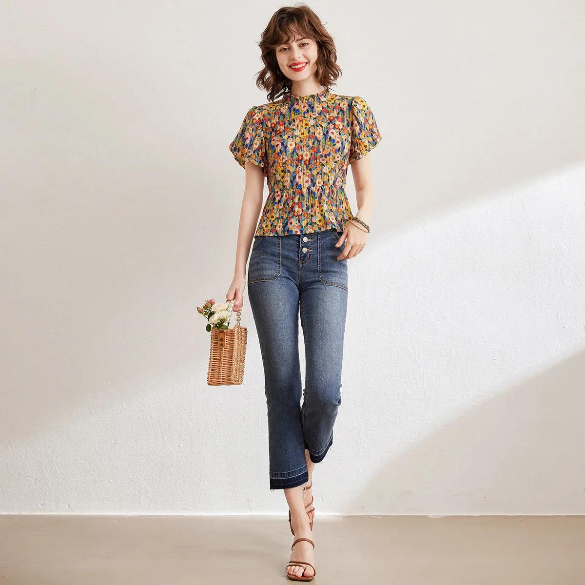 LOUIS YAO Floral Shirt 2024 Summer French Style O Neck Short Sleeve Elegant Blouses Pullover Top