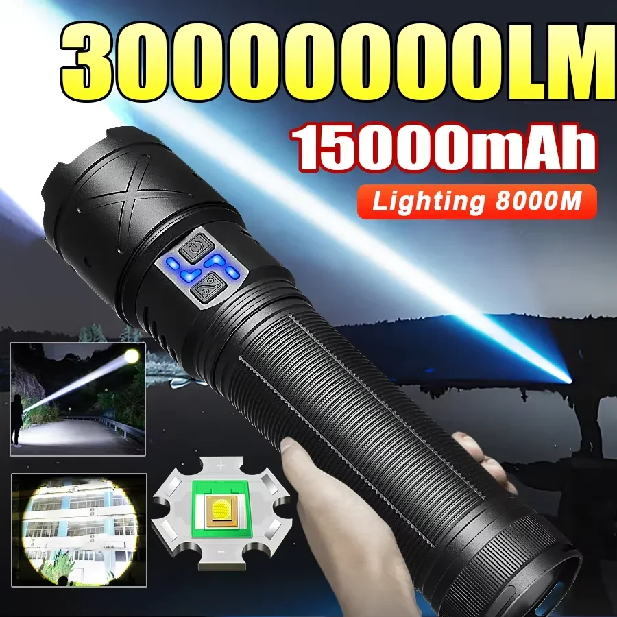 

2025 New Super Bright LED Flashlight Rechargeable Zoom Torch Long Range 8000M Tactical Torch Light Camping Fishing Work Lantern