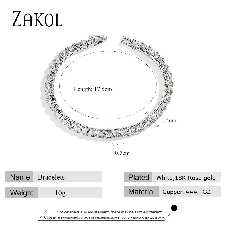 ZAKOL Shinny Square Cubic Zirconia Charm Bracelets for Women Fashion Korea Sliver Color Bracelet Wedding Party Jewelry BP2211