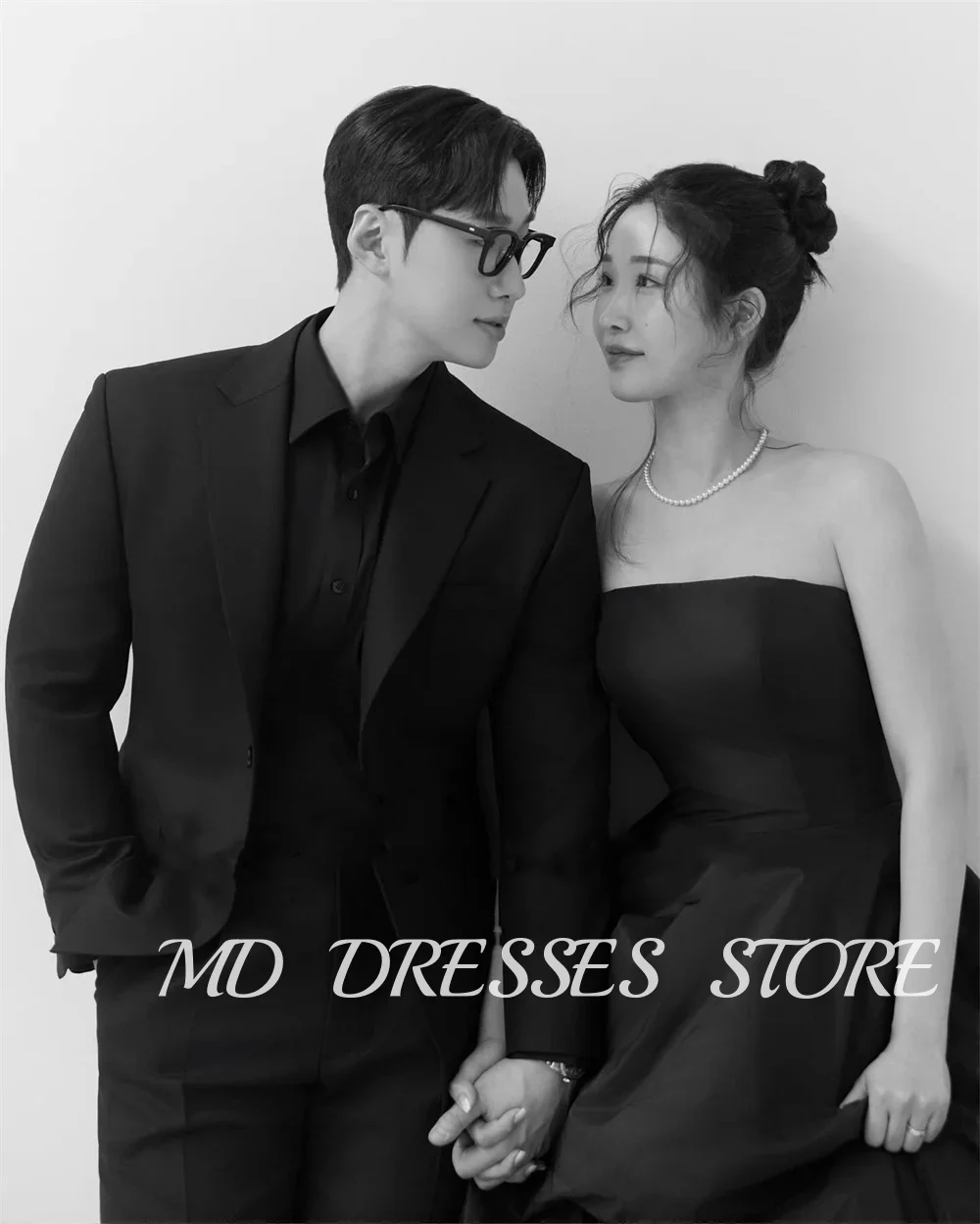 MD Simple Strapless Black A-line Wedding Dresses Taffeta Evening Dress Korea Photoshoot Wedding Party Dress Customized 2025