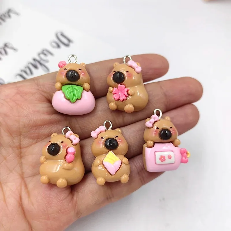 10pcs Cute Pink Flowers Capybara Charms for Jewelry Making Animals Pendants Craft Diy Earring Keychain Finding