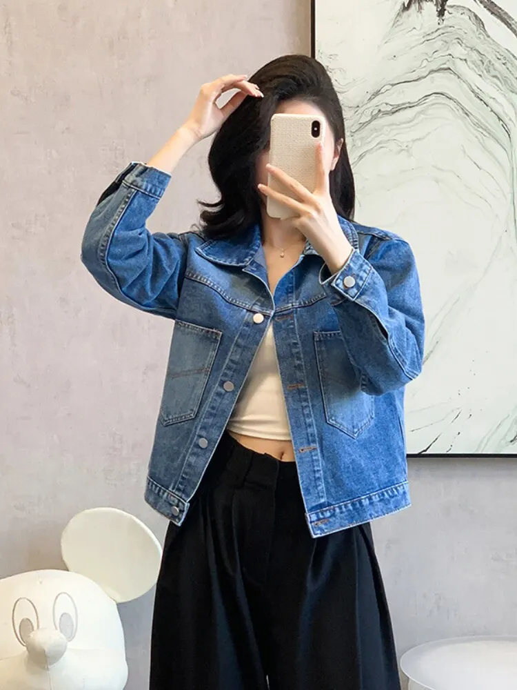 Retro Blue Denim Jacket Women's Short Style Commute Vintage Buttons Embroidery Pockets Diamond Inner Material Other Sleeve Le...
