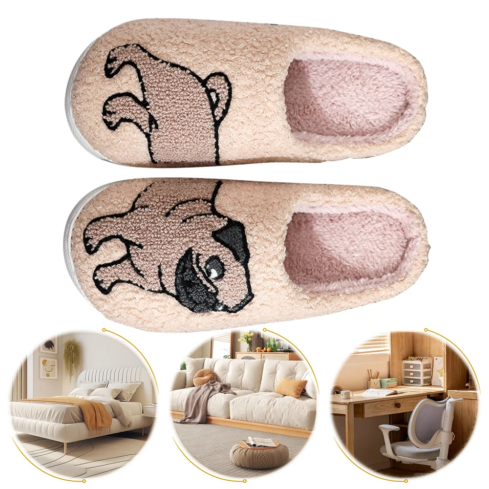 Plush Pug Slippers Comfortable Flat Thermal Slippers Anti Slip Fluffy Couple Slippers Furry Dog Slippers for Indoor Bedroom