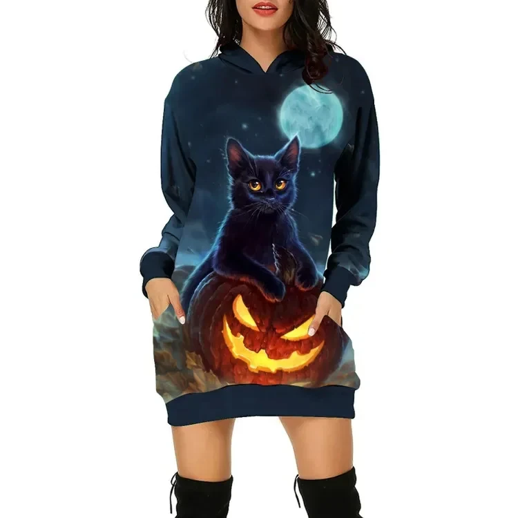 Halloween Cat Pumpkin Printed Hoodie Dress Women's Daily Workout Hoodies Long Sleeve Pullover Autumn Loose Tee Traf Vestido