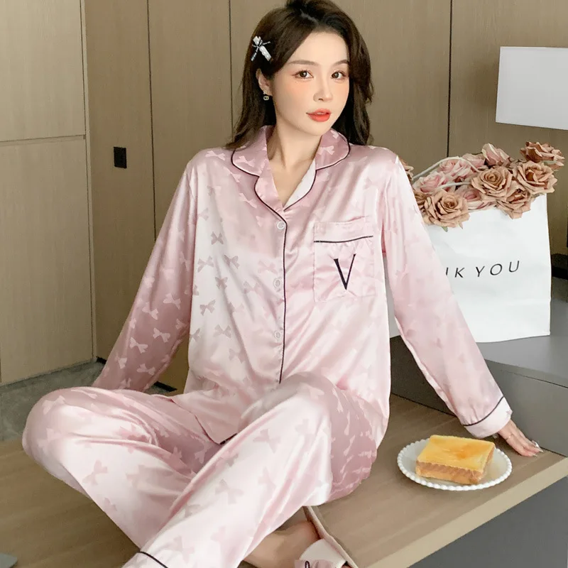 Women 2 Piece Pajamas Sets Bow Print Pijama Faux Silk Satin Lapel Pyjama Female Sleepwear Long Sleeve Shirt Pants Homewear