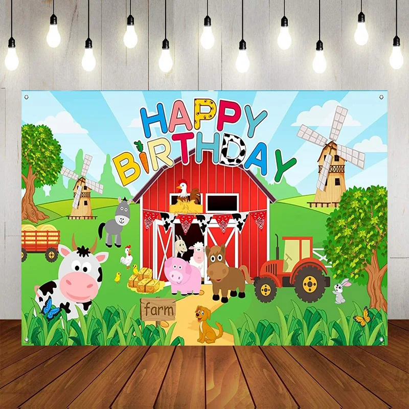 ฟาร์มชนบทสัตว์ขนาดใหญ่สีเขียวสีแดงฟาร์ม Happy Birthday Party การถ่ายภาพฉากหลังพื้นหลังแบนเนอร์ตกแต่ง