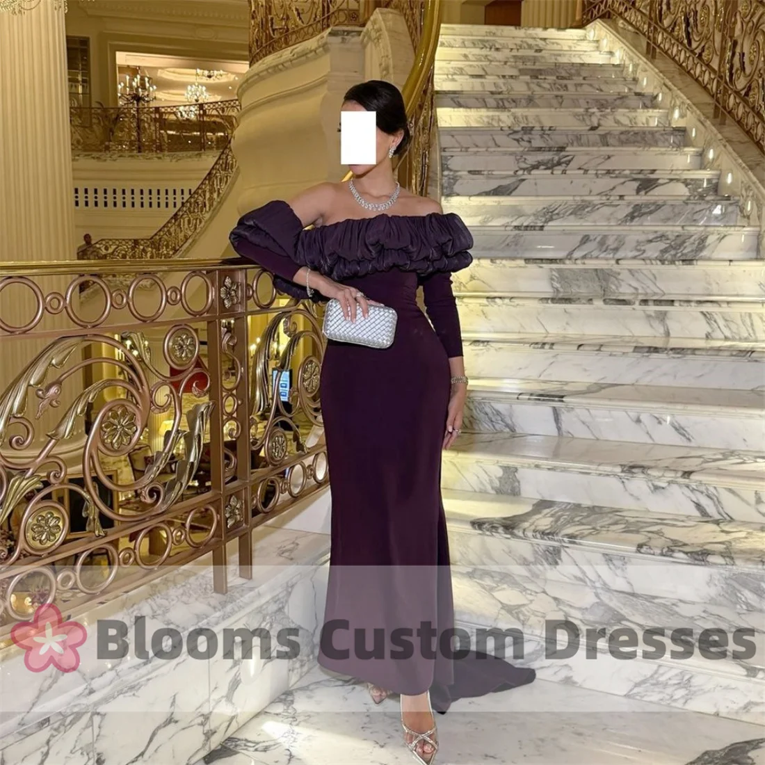 Blooms Off Shoulder Shiny Satin Customized Prom Dress Dark Purple Mermaid Formal Occasion Gown Long Sleeves Evening Dresses