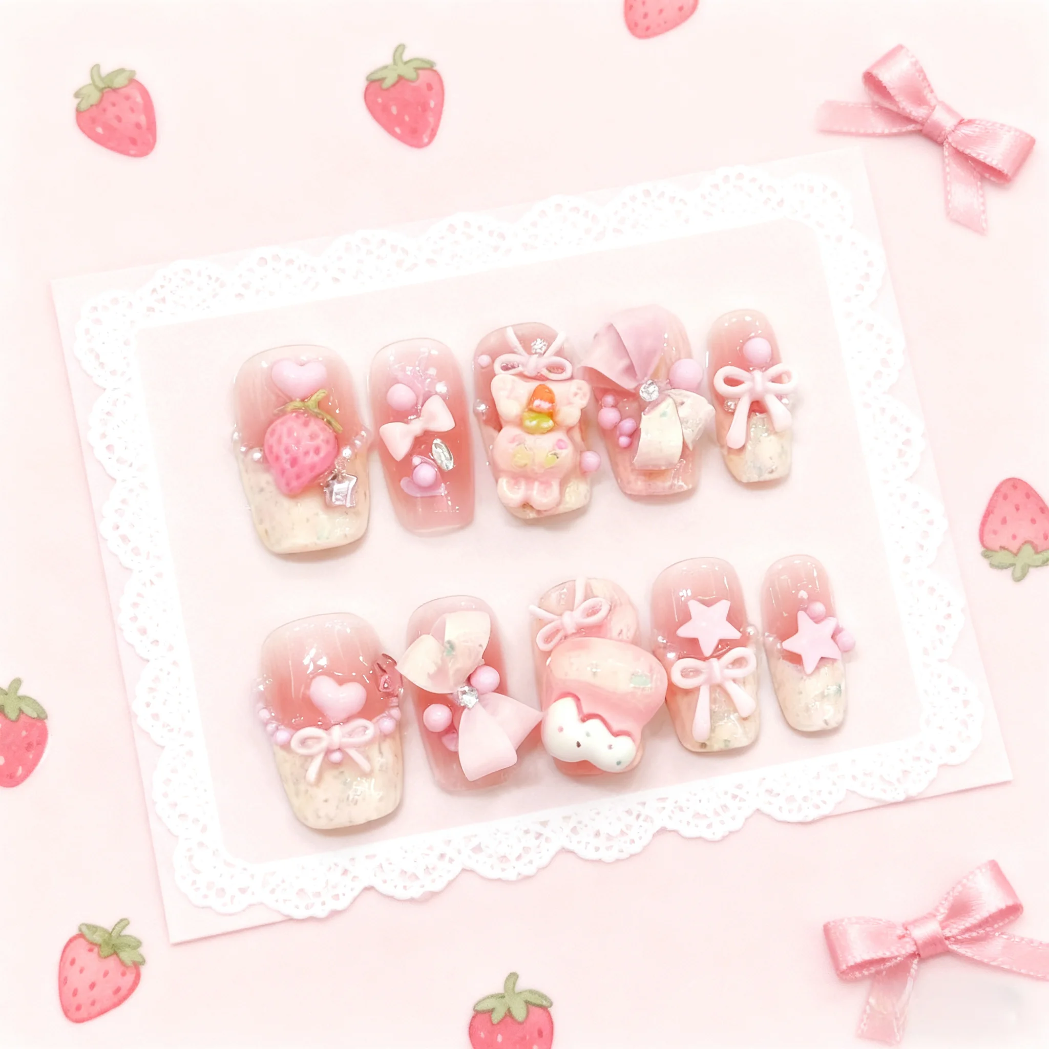 10 قطعة اليدوية الوردي قصيرة الصحافة على الأظافر ثلاثية الأبعاد الكرتون الدب القوس تصميم وهمية مسمار يمكن ارتداؤها مربع رسومات أظافر نصائح للفتيات الحلو #1