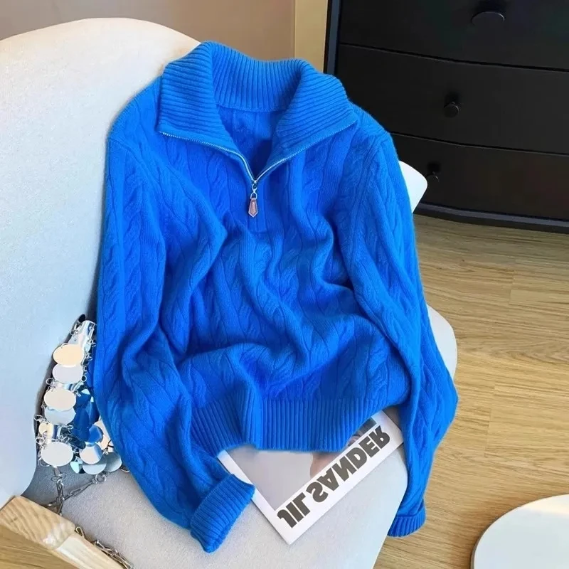 Blue High Neck Half Zipper Knitted Sweater for Women's Autumn Winter New Design Sense Pullover Top Female Loose Warm Sweaters