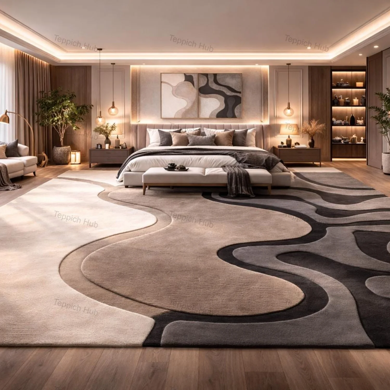 Alfombra Decorativa para Habitación, Color Crema, Taupe y Gris, Alfombra de Lana Tejida a Mano de 10x14 pies, Moderna, Abstracta, 3D, de Lujo, Neutral, Grande, para Sala de Estar