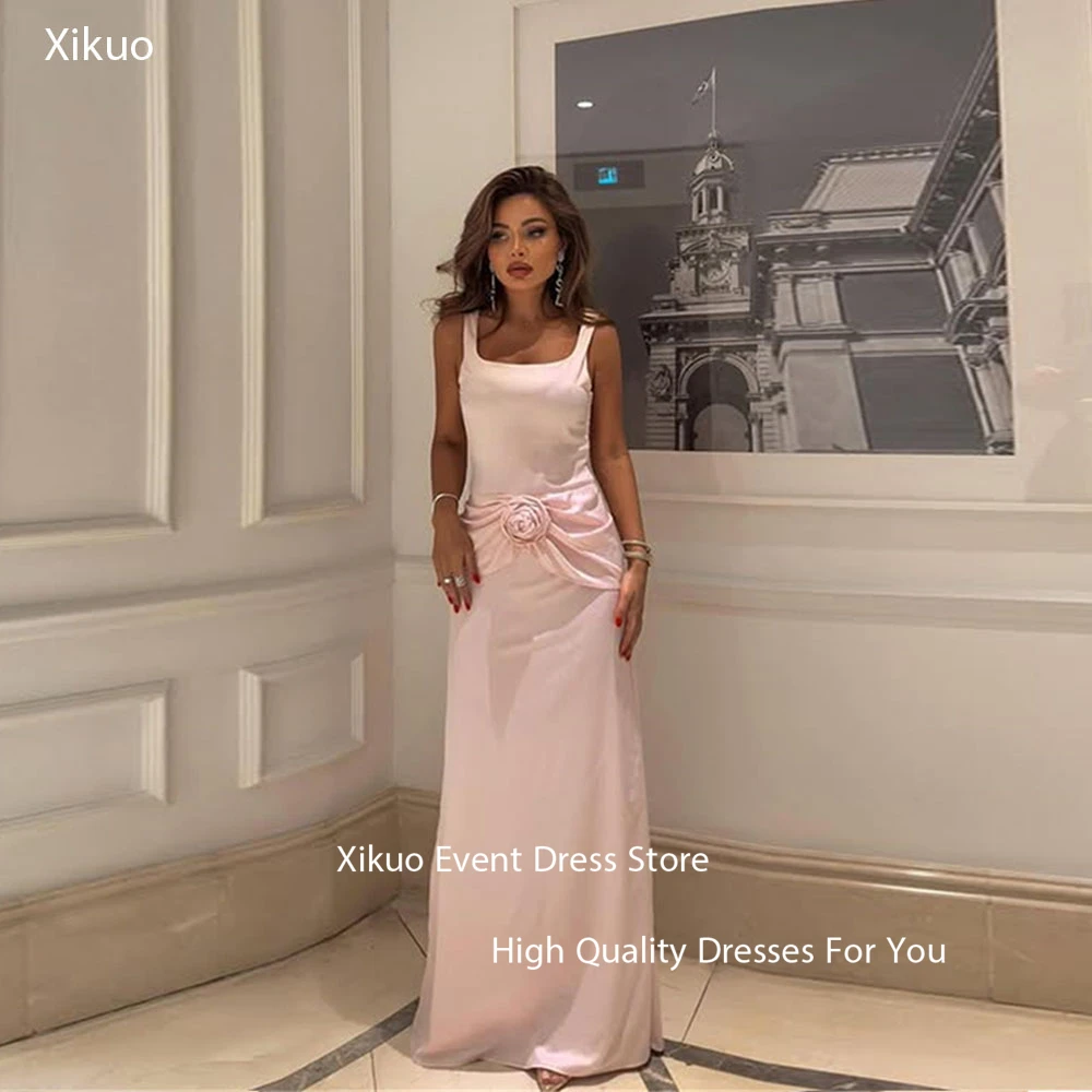

Xikuo Graceful Pink Satin Evening Gowns Spaghetti Strap Vestidos De Fiesta Mermaid 3D Flower Pleated Prom Party Dress Customized