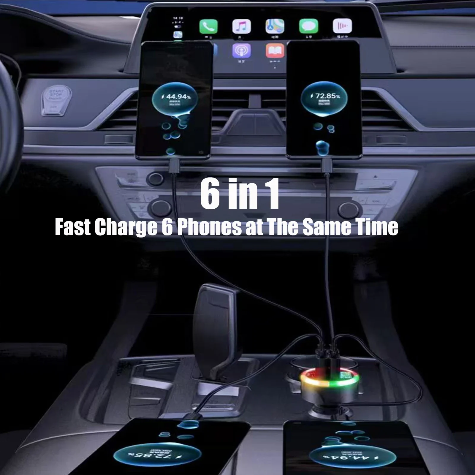 UYUXIO 6 in 1 USB C Car Phone Charger with Voltage Display Multi Port Super Fast Charge Adapter for iPhone 16 15 Pro Max Samsung