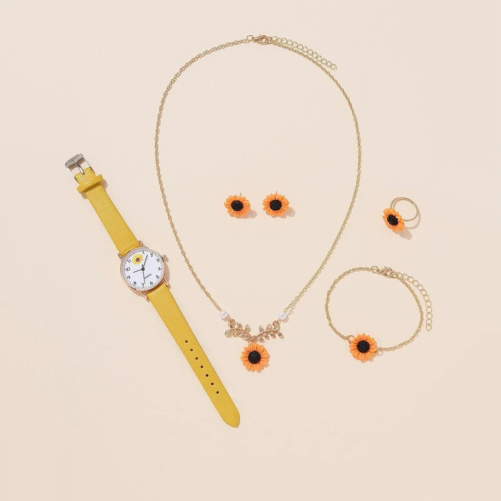 1pc Women Yellow PU Polyurethane Strap Fashionable Round Dial Quartz Watch And 5pcs Jewelry Set For Daily Life