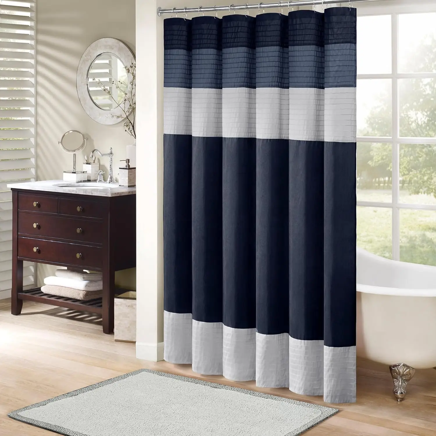 

Modern Navy Striped Microfiber Bathroom Shower Curtain, 72x84 Inches, Faux Silk Pieced Design for Elegant Decor