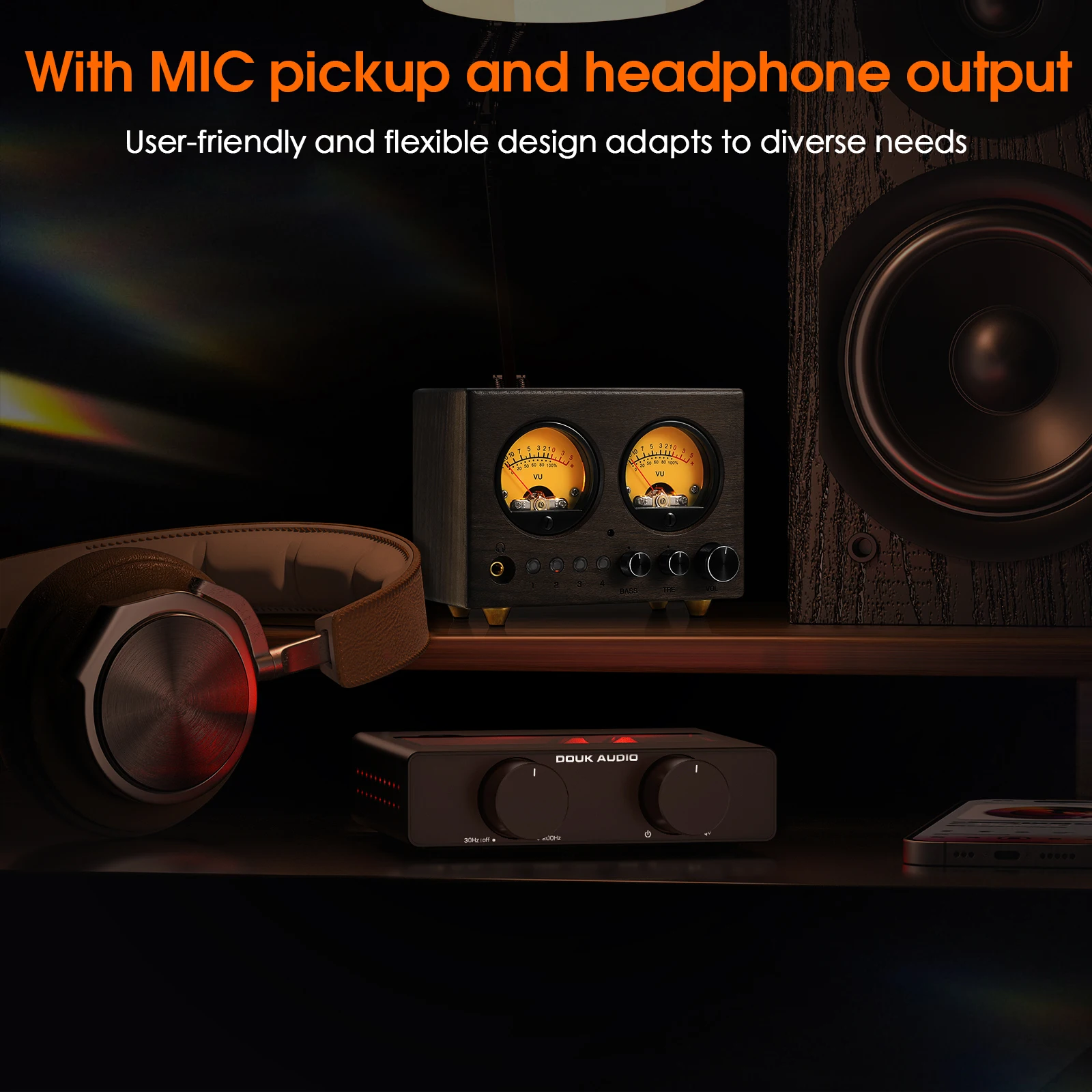 Douk Audio VU1-W Switcher de áudio de 4 vias 4 em 1-OUT Pré-amplificador estéreo Seletor doméstico Medidor VU com controle remoto