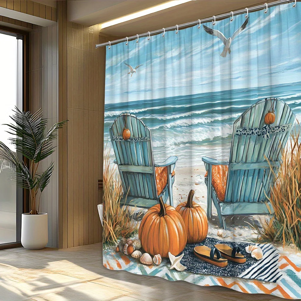 High Quality Coastal Beach Shower Curtain Ocean Seascape Pumpkin Chairs Tropical Summer Nautical Bathroom Decor Polyester