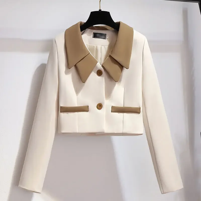 Conjunto de 2 piezas para mujer, traje Beige corto, minifalda y Blazer de manga larga, a la moda, verano, 2024