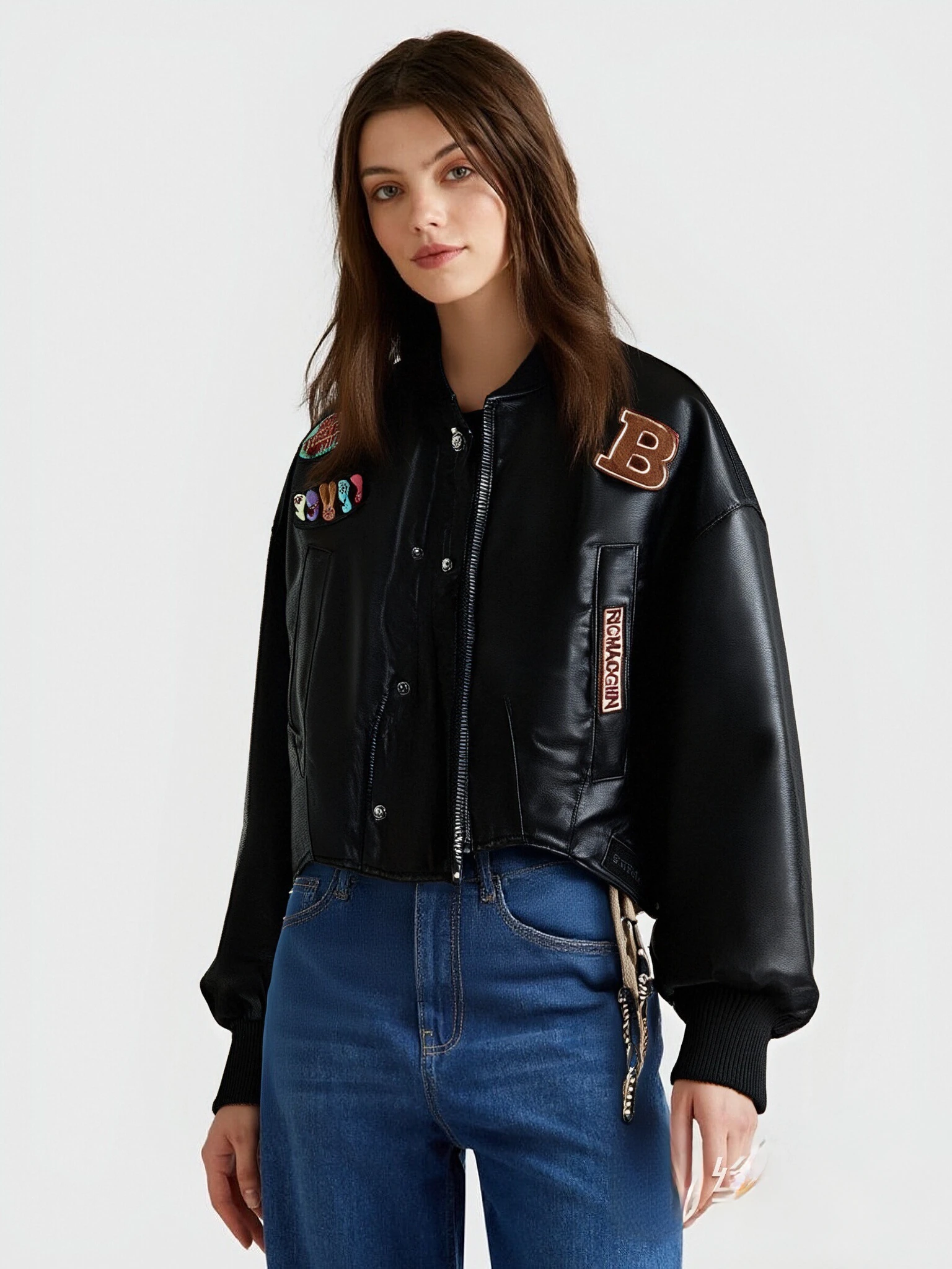 

2025 European and American fashion retro motorcycle leather jacket with letter print high waist slimming jacket new style A22