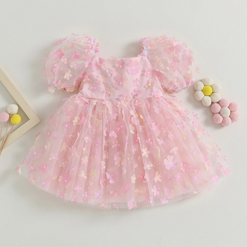 Kids Girls Dress  Short Puff Sleeve Flowers Decor Back Bowknot Mesh Lace Tutu Dress