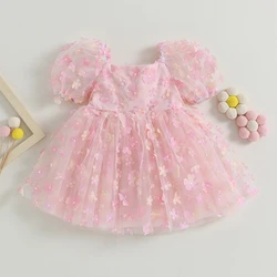 1-6Y Kids Girls Summer Dress Flower Decor Tulle Short Puff Sleeve Back Bowknot Ball Dress Pageant Party Princess Dress Clothes