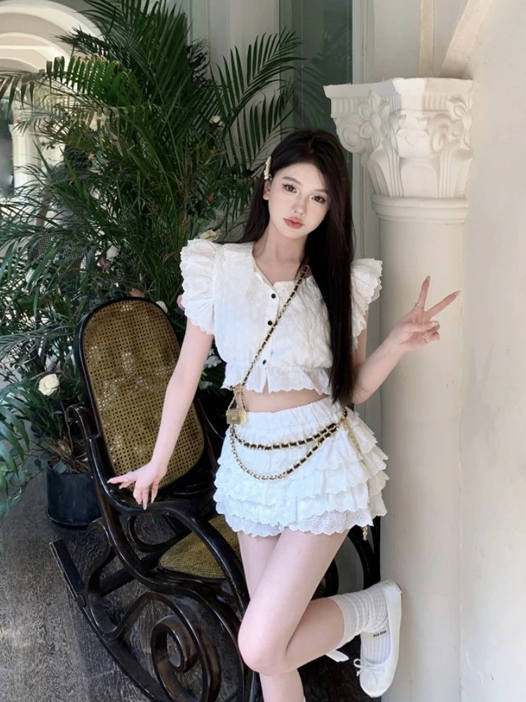 

Sweet Spicy ort Hollow out irt Top Women's Summer Set Skirt f Body Two Piece Set Faionable Casual Look for Young Women