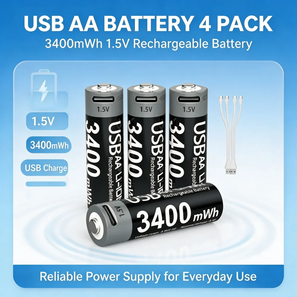 Rechargeable AA Battery 3400mAh USB Type-C Lithium Battery for Hunting Camera Remote Control Mouse Door Lock