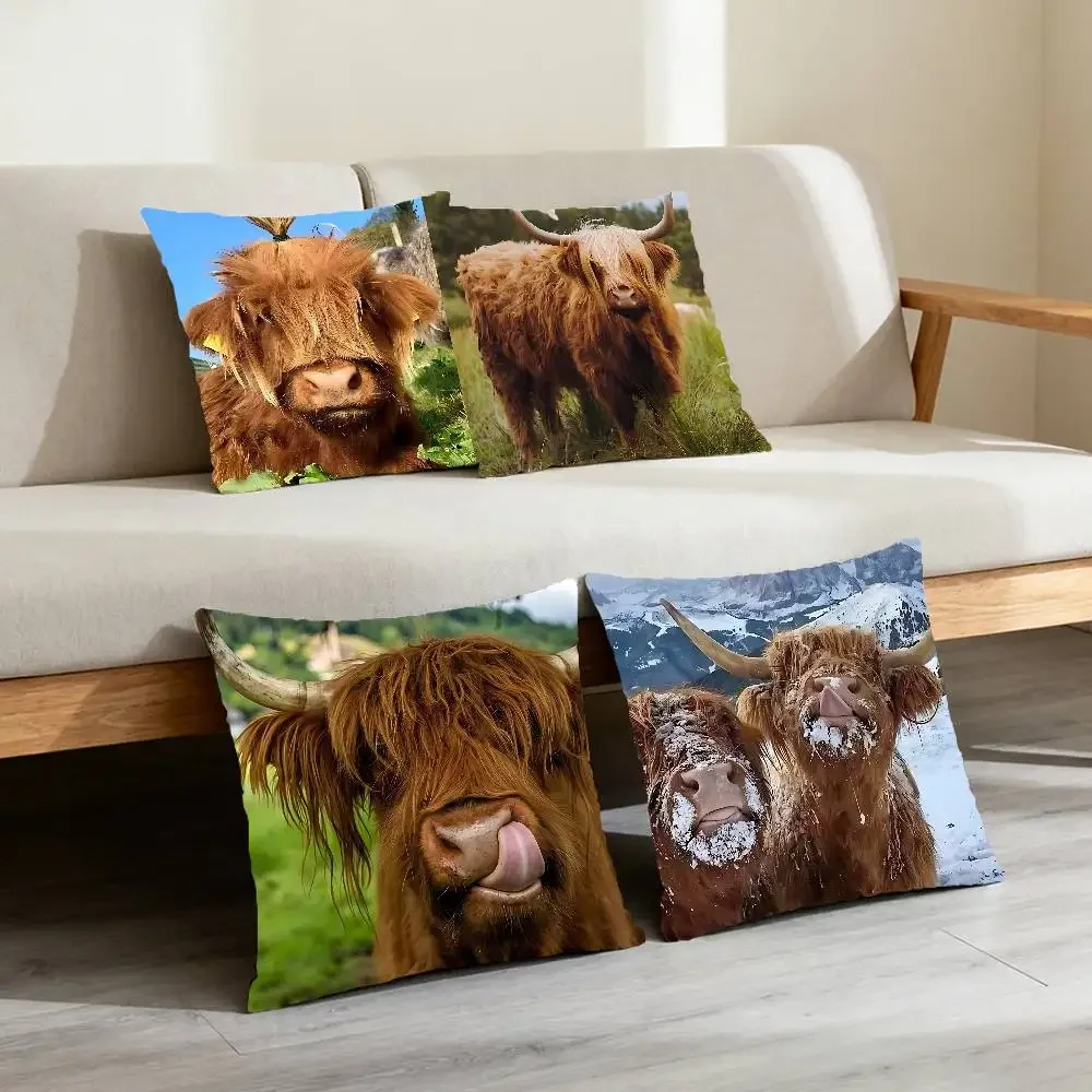 Scottish Highland Cat Cow Pillow Case Elegant Couple Home Living Room Bedroom Decorative Rectangle Pillowcase Sofa Cushion Cover