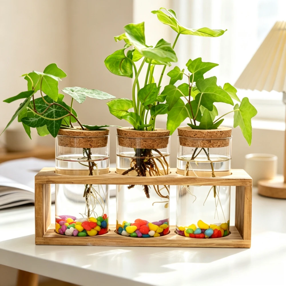 Propagation Station Vase - Minimalistyczny szklany wazon z drewnianą ramką,