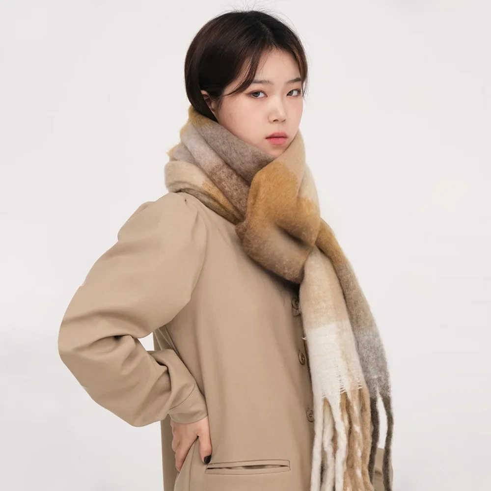 Ins Style New Plaid Mohair Scarf Soft Waxy Warm Scarf Autumn and Winter Imitation Cashmere Shawl Women