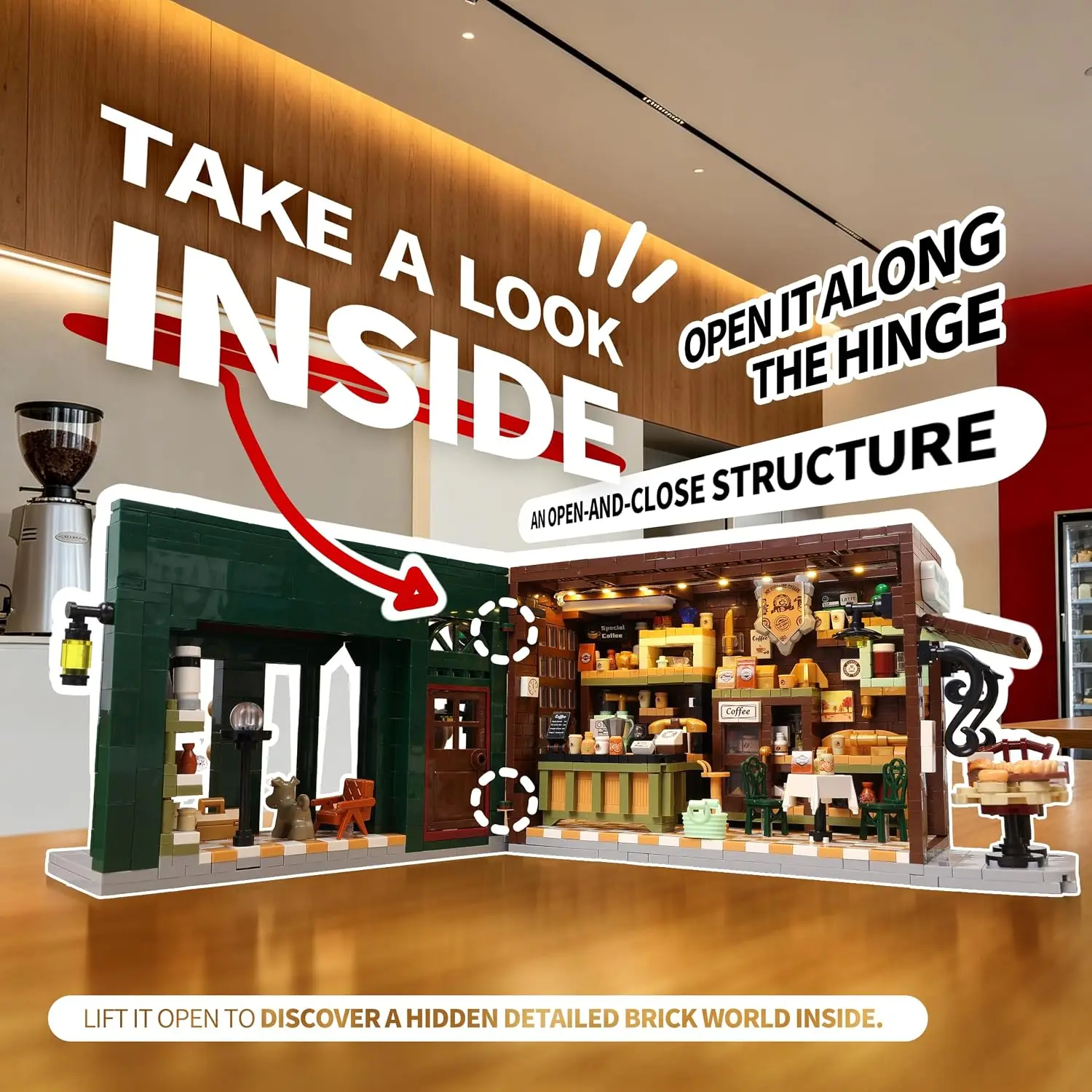 Bear's Coffee Shop Micro Building Blocks Set Miniature Dollhouse Kit Street View Openable Design Model Kit 1714PCS City Theme