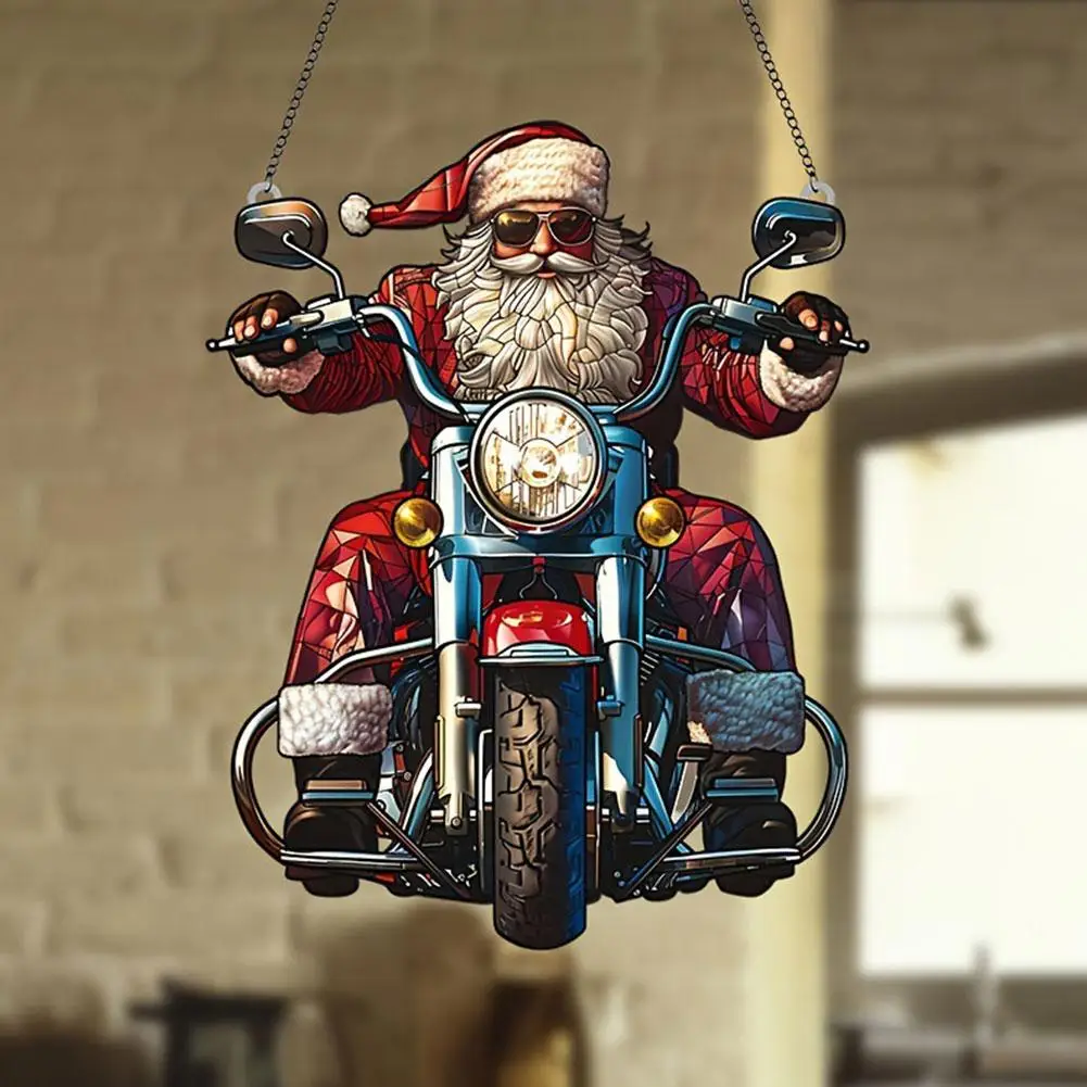 2D Motorcycle Rider Santa Claus Christmas Ornaments Decorations Santa On Motorcycle Acrylic Painted Pendant Hanging Ornament