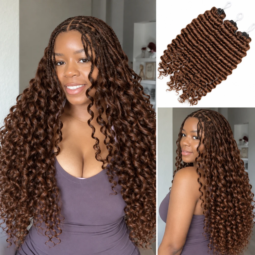 #4 Brown Deep Wave Crochet Human Hair Miracle Knots Feather Crochet Pre Separated Braiding Hair Virgin Remy Soft Natural Wavy Texture Lightweight Knotless Boho Protective Hairstyle For Women Hair Extensions