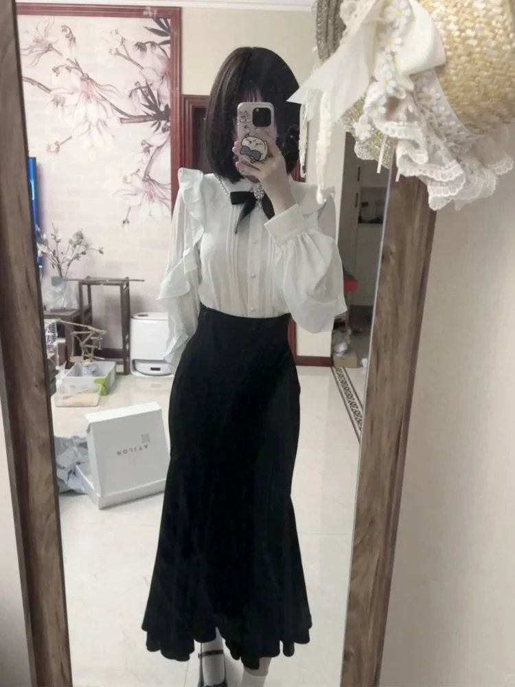 Elegant White Pearl Collar Long Sleeve Shirt And High Waist Fish Tail Skirt Two Piece Set for Women Autumn Fashion Slimming