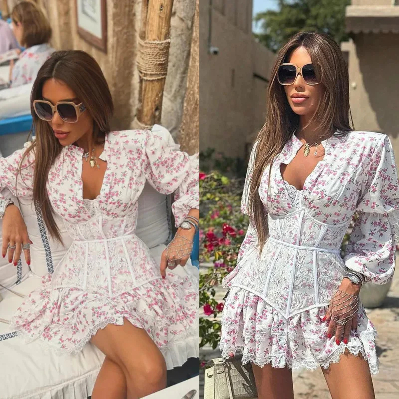 

New Fresh Floral Waist-Cinched Dress Summer Floral Lace Mini Dress Women's Fashion Puff-Sleeve Tiered Dress Gothic Corset Dress