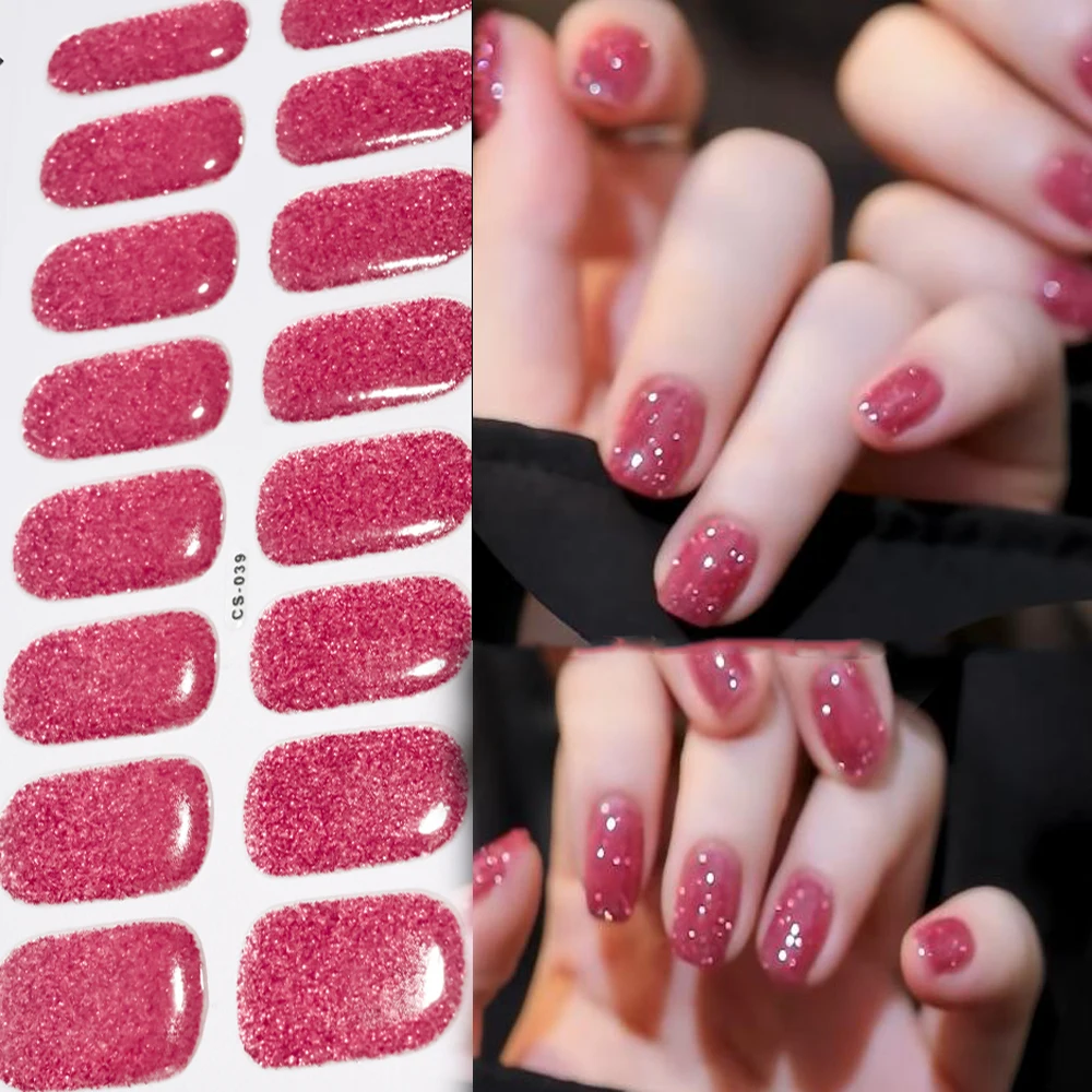 16Tips Valentijnsdag Glitter Rose Red Glossy Semi-Geharde Nagelgel Wraps Langdurige UV Sticker UV Lamp Nodig Glitter Gel Decal