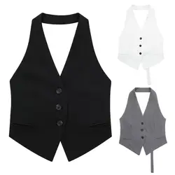Summer Women Vest Halter Neck Sleeveless Single-breasted Pure Color Pockets Cardigan OL Commute Style Formal Business Waistcoat