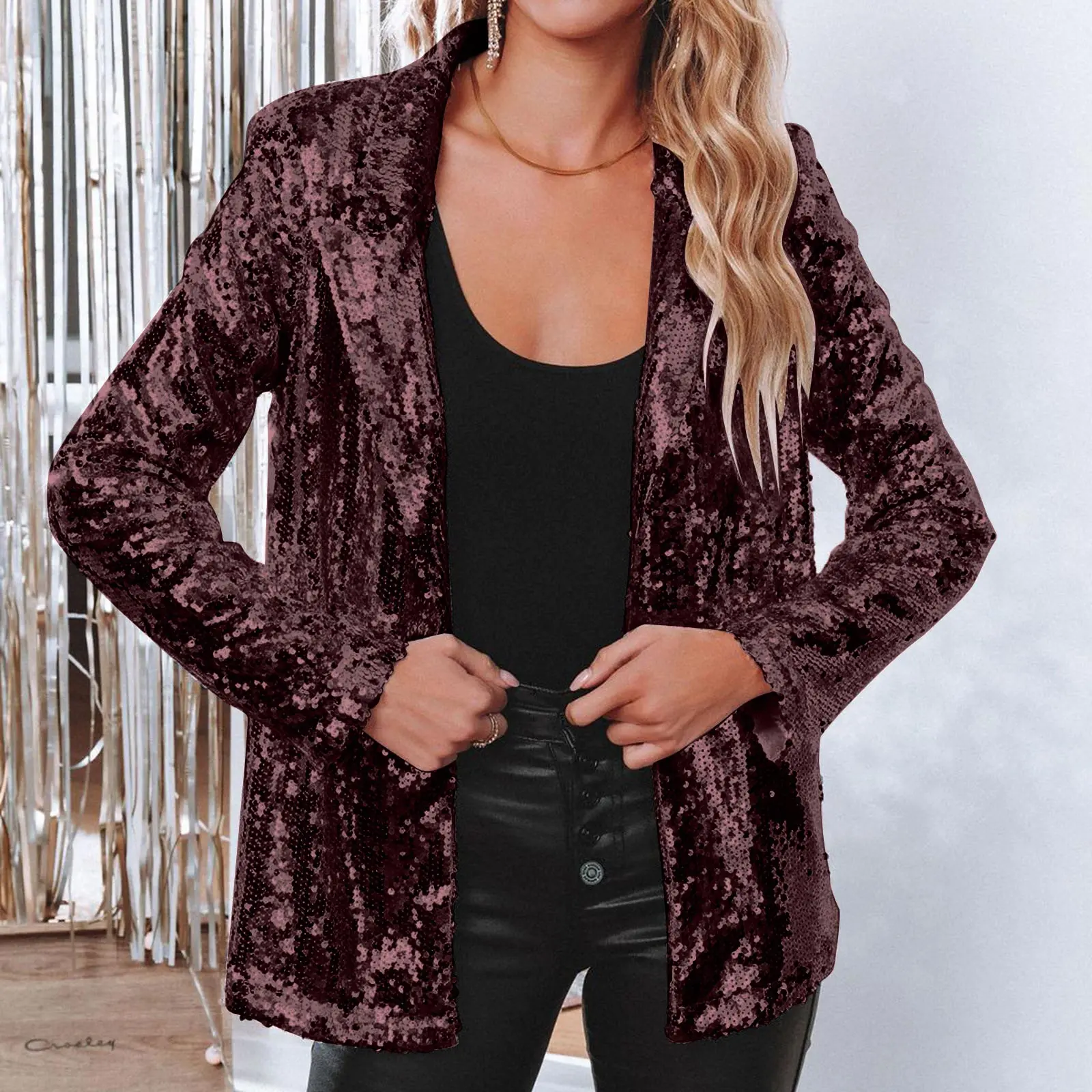 Pink Sequins Womens Suit Jackets Shiny Evening Party Wear Jacket Outerwear Long Sleeve Women\'s Glitter Lapel Suit Coat Women