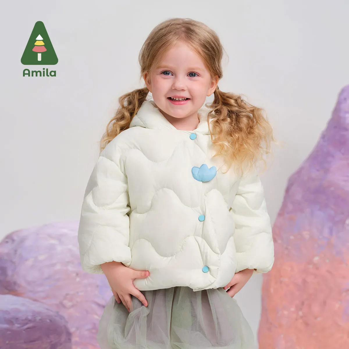 Amila Baby Down Jacket 2024 Winter New Girls White Duck Down Pure Color Sweet Warm Hooded Soft Casual Loose Children‘s Jacket