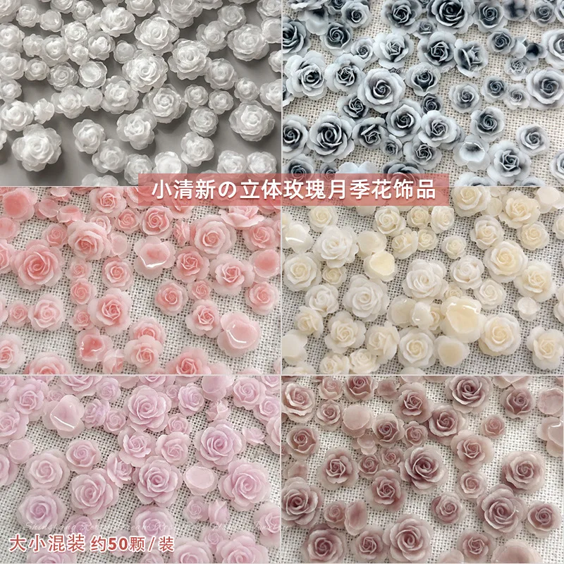 50 buah 3D ukuran Campuran indah bunga mawar mekar Resin seni kuku berperekat berlian imitasi dekorasi manikur Kawaii pesona