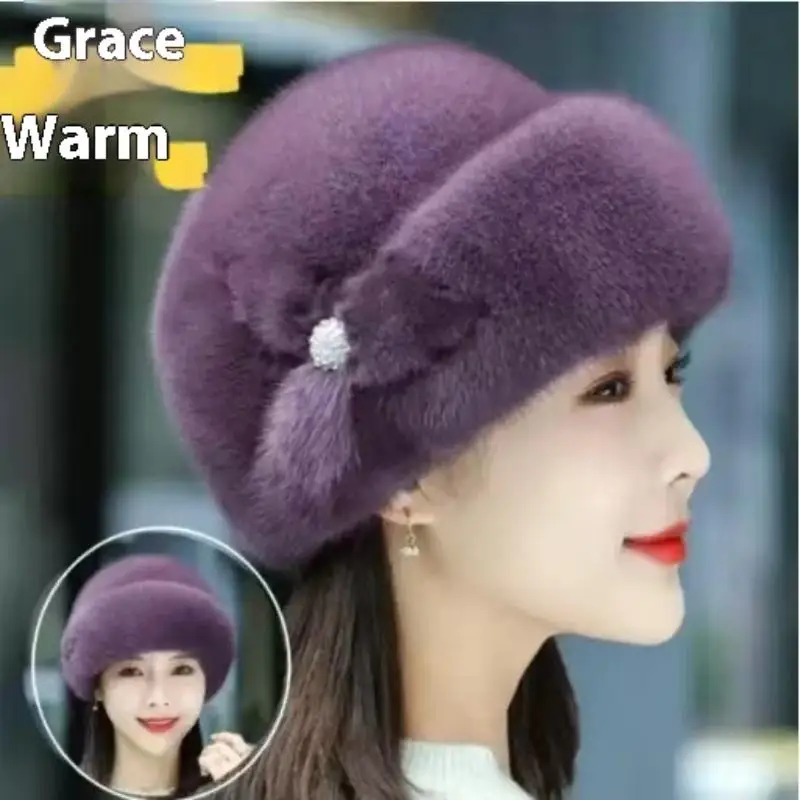 Woman Faux Fur Winter Hat Thickened Keep Warm Middle-aged Cap Flower Decor Bucket Hats Cap
