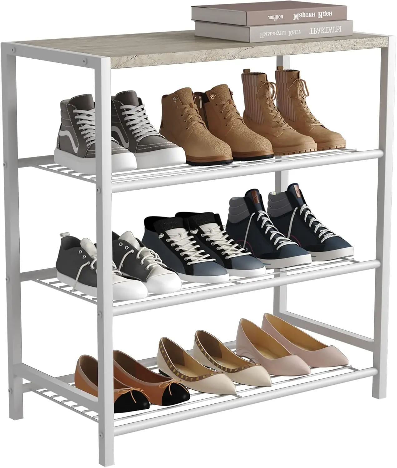 

Modern 4-Tier Shoe Rack with Metal Shelves, Narrow Storage Tower for Closet Entryway, White Oak Finish