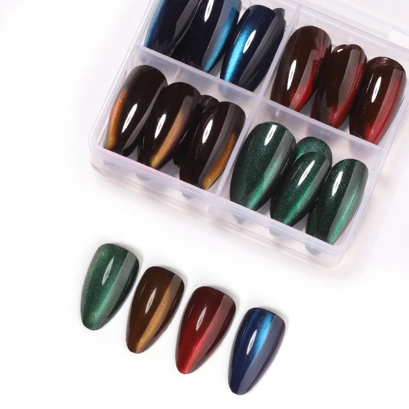 96 قطعة عين القط أظافر وهمية نصائح لامعة لامعة لون نقي عين القط الأظافر كاذبة مجموعة يمكن ارتداؤها انفصال 4 ألوان اضغط على الأظافر #3